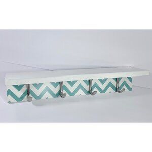 Chevron Wall-Mounted White Shelf With 4 Silver Hooks Teal & White Pattern Modern